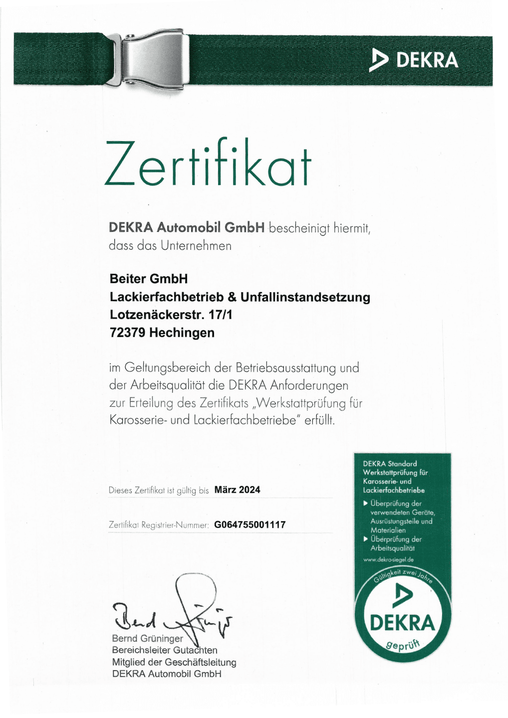 DEKRA-Zertifikat: Werkstattprüfung für Karosserie- und Lackierfachbetriebe für Beiter GmbH in Hechingen